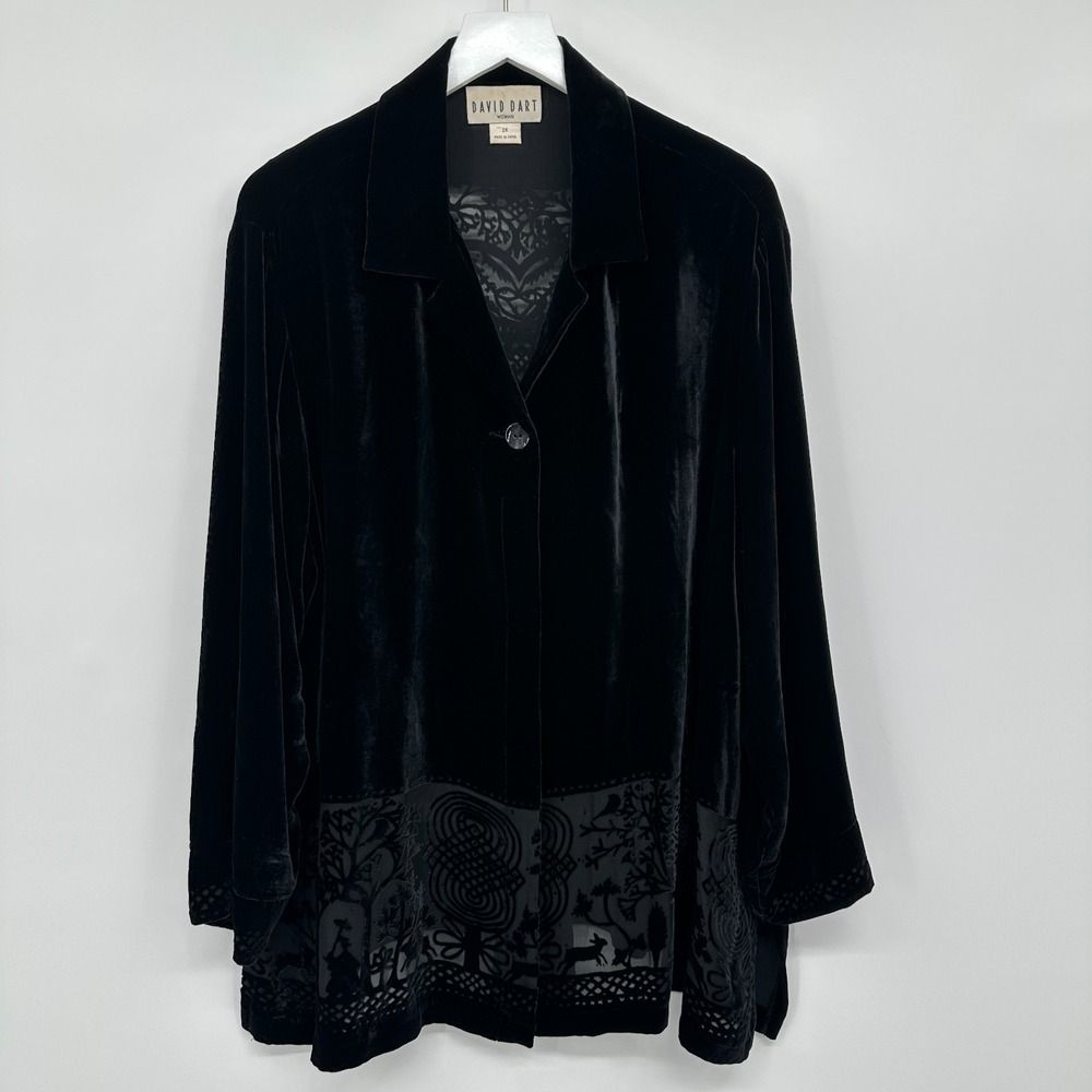 Vintage David Dart Tunic Top Shirt Womens 2X Black Velvet Burnout Quiet Luxury